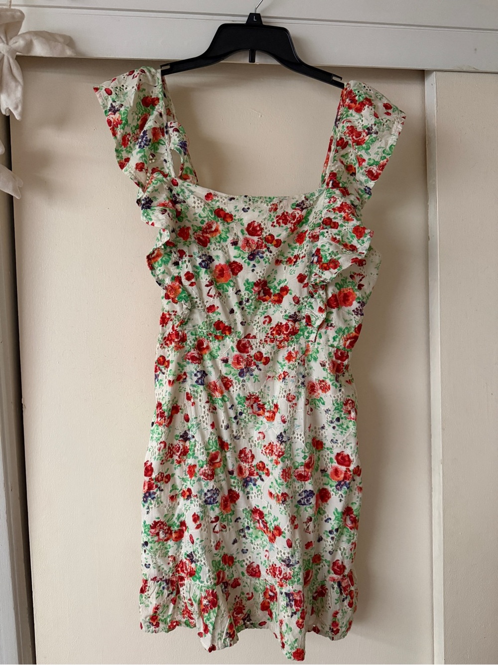 Floral Ruffle Sundress - White with Red & Green Floral Print